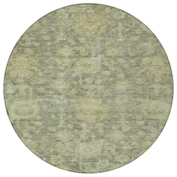 8' Sage And Green Round Damask Washable Indoor Outdoor Area Rug