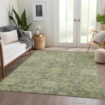 8' X 10' Sage And Green Damask Washable Indoor Outdoor Area Rug