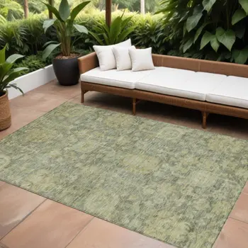 10' X 14' Sage And Green Damask Washable Indoor Outdoor Area Rug