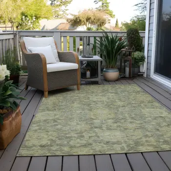 10' X 14' Sage And Green Damask Washable Indoor Outdoor Area Rug