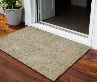3' X 5' Beige Brown And Green Oriental Washable Indoor Outdoor Area Rug