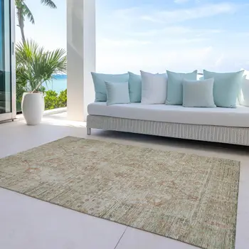 3' X 5' Beige Brown And Green Oriental Washable Indoor Outdoor Area Rug