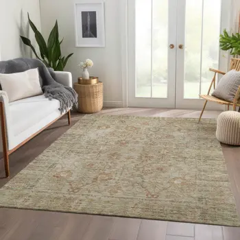 3' X 5' Beige Brown And Green Oriental Washable Indoor Outdoor Area Rug