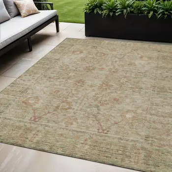 5' X 8' Beige Brown And Green Oriental Washable Indoor Outdoor Area Rug