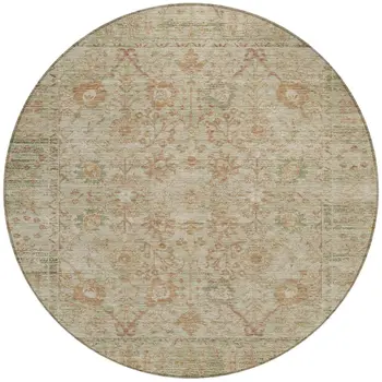 8' Beige Brown And Green Round Oriental Washable Indoor Outdoor Area Rug
