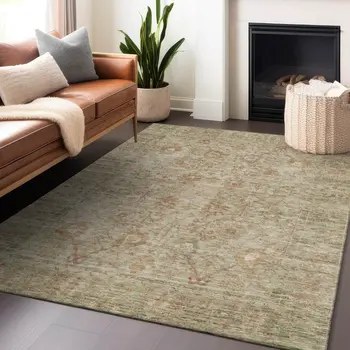 10' X 14' Beige Brown And Green Oriental Washable Indoor Outdoor Area Rug