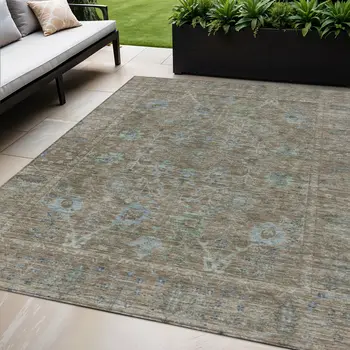 5' X 8' Brown And Blue Oriental Washable Indoor Outdoor Area Rug