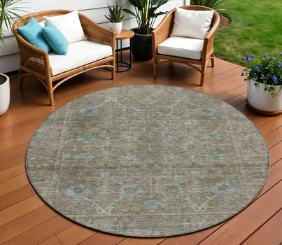 8' Brown And Blue Round Oriental Washable Indoor Outdoor Area Rug