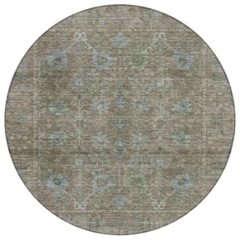 8' Brown And Blue Round Oriental Washable Indoor Outdoor Area Rug