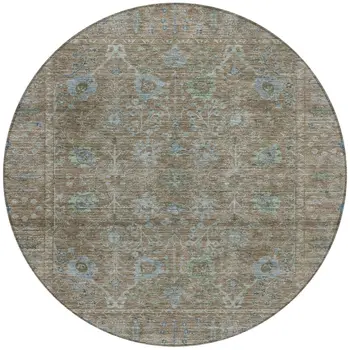 8' Brown And Blue Round Oriental Washable Indoor Outdoor Area Rug