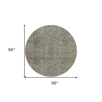 8' Brown And Blue Round Oriental Washable Indoor Outdoor Area Rug