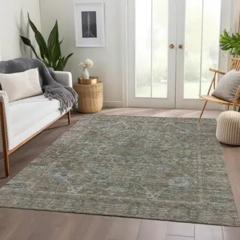 8' X 10' Brown And Blue Oriental Washable Indoor Outdoor Area Rug