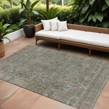 9' X 12' Brown And Blue Oriental Washable Indoor Outdoor Area Rug