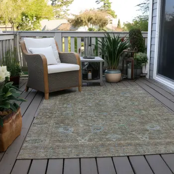 10' X 14' Brown And Blue Oriental Washable Indoor Outdoor Area Rug