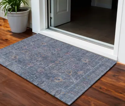 3' X 5' Blue Brown And Purple Oriental Washable Indoor Outdoor Area Rug