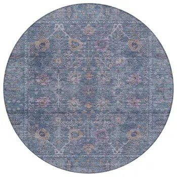 8' Blue Brown And Purple Round Oriental Washable Indoor Outdoor Area Rug