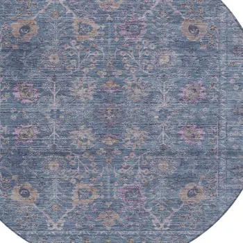 8' Blue Brown And Purple Round Oriental Washable Indoor Outdoor Area Rug