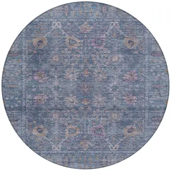 8' Blue Brown And Purple Round Oriental Washable Indoor Outdoor Area Rug