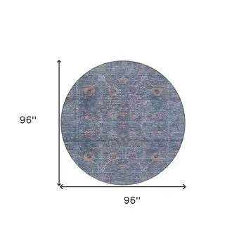 8' Blue Brown And Purple Round Oriental Washable Indoor Outdoor Area Rug
