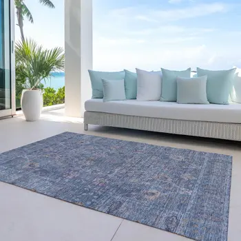 10' X 14' Blue Brown And Purple Oriental Washable Indoor Outdoor Area Rug