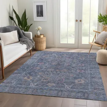 10' X 14' Blue Brown And Purple Oriental Washable Indoor Outdoor Area Rug