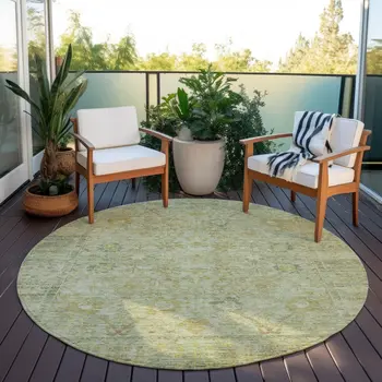 8' Sage Green And Brown Round Oriental Washable Indoor Outdoor Area Rug