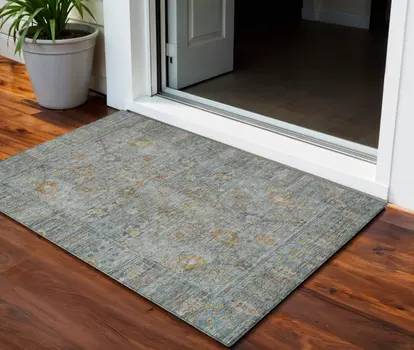 3' X 5' Teal Blue Gold And Beige Oriental Washable Indoor Outdoor Area Rug