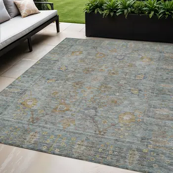 5' X 8' Teal Blue Gold And Beige Oriental Washable Indoor Outdoor Area Rug