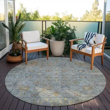 8' Teal Blue Gold And Beige Round Oriental Washable Indoor Outdoor Area Rug