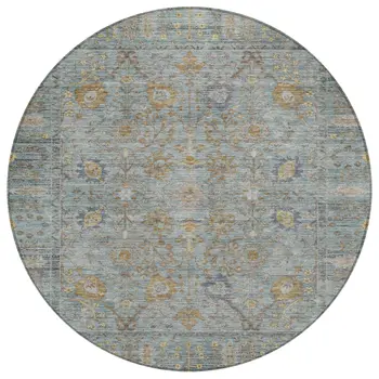 8' Teal Blue Gold And Beige Round Oriental Washable Indoor Outdoor Area Rug