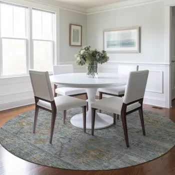 8' Teal Blue Gold And Beige Round Oriental Washable Indoor Outdoor Area Rug