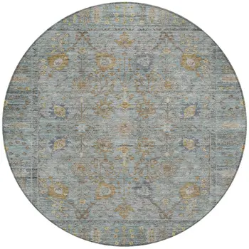 8' Teal Blue Gold And Beige Round Oriental Washable Indoor Outdoor Area Rug