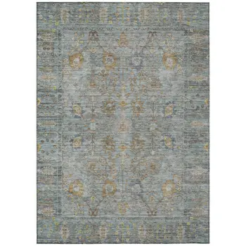 9' X 12' Teal Blue Gold And Beige Oriental Washable Indoor Outdoor Area Rug