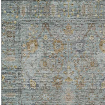 9' X 12' Teal Blue Gold And Beige Oriental Washable Indoor Outdoor Area Rug