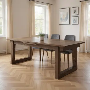 106" Dark Brown Solid Wood Self-Storing Leaf Sled Base Extendable Dining Table