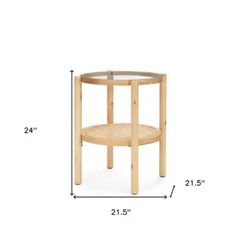 24" Clear and Light Brown Glass and Solid Wood Round End Table With Shelf