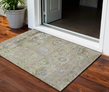 3' X 5' Beige Gray And Green Floral Washable Indoor Outdoor Area Rug