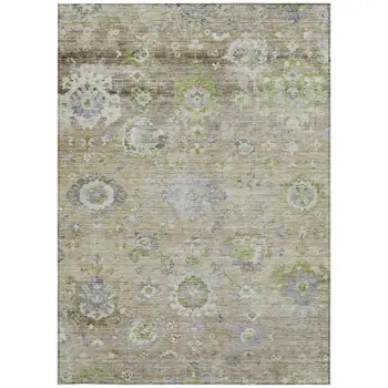 3' X 5' Beige Gray And Green Floral Washable Indoor Outdoor Area Rug