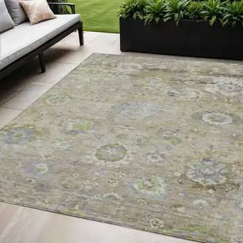 5' X 8' Beige Gray And Green Floral Washable Indoor Outdoor Area Rug