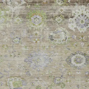 5' X 8' Beige Gray And Green Floral Washable Indoor Outdoor Area Rug