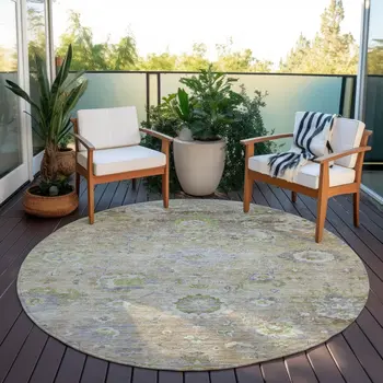 8' Beige Gray And Green Round Floral Washable Indoor Outdoor Area Rug