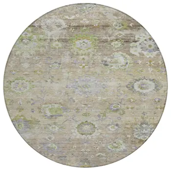 8' Beige Gray And Green Round Floral Washable Indoor Outdoor Area Rug