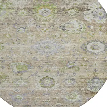 8' Beige Gray And Green Round Floral Washable Indoor Outdoor Area Rug