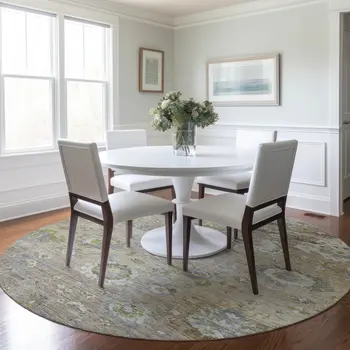 8' Beige Gray And Green Round Floral Washable Indoor Outdoor Area Rug