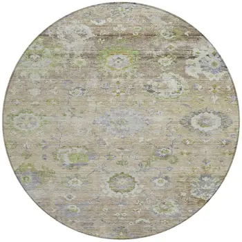 8' Beige Gray And Green Round Floral Washable Indoor Outdoor Area Rug