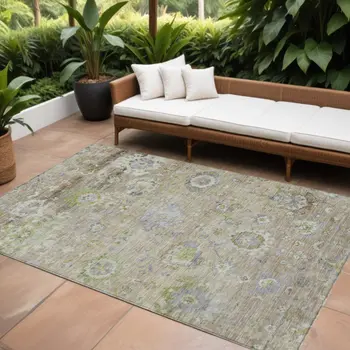 10' X 14' Beige Gray And Green Floral Washable Indoor Outdoor Area Rug