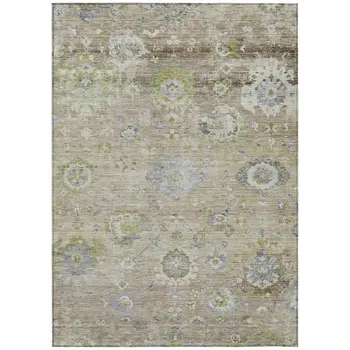 10' X 14' Beige Gray And Green Floral Washable Indoor Outdoor Area Rug