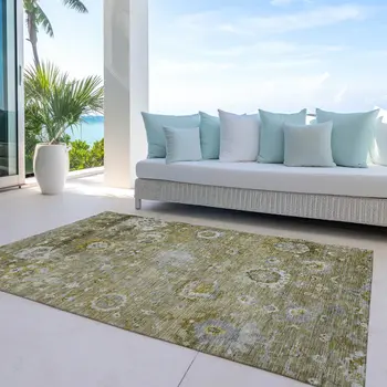 3' X 5' Brown Green And Gray Floral Washable Indoor Outdoor Area Rug