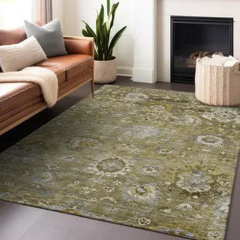 5' X 8' Brown Green And Gray Floral Washable Indoor Outdoor Area Rug