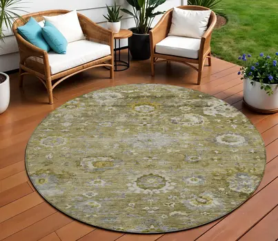 8' Brown Green And Gray Round Floral Washable Indoor Outdoor Area Rug